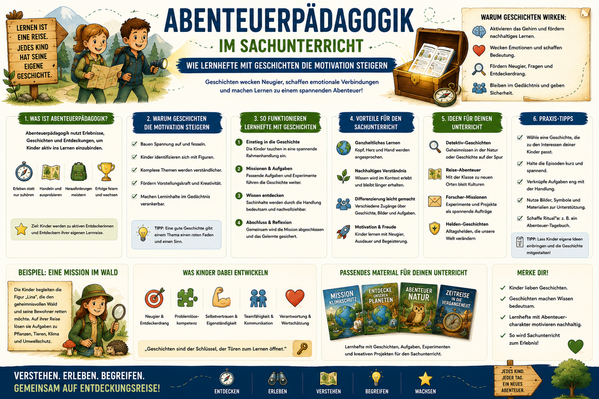 Abenteuerpädagogik im Sachunterricht Infografik zu Lernheften mit Geschichten Motivation Grundschule und Unterrichtsmaterial