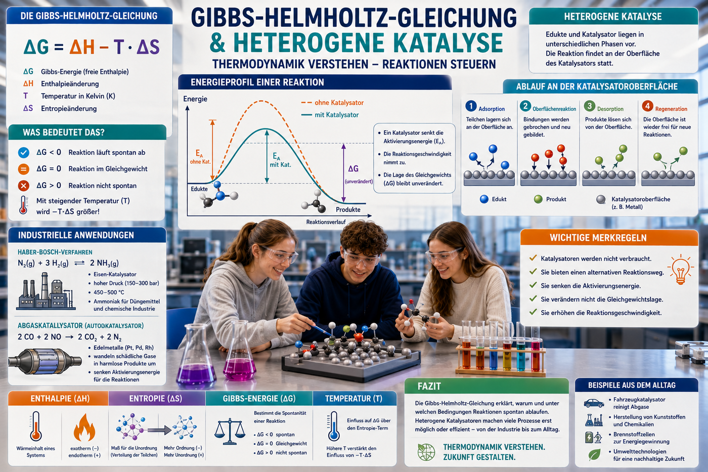 Gibbs-Helmholtz-Gleichung Unterricht Sek II – Thermodynamik, Gibbs-Energie, heterogene Katalyse und Chemie-Abitur verständlich erklärt.