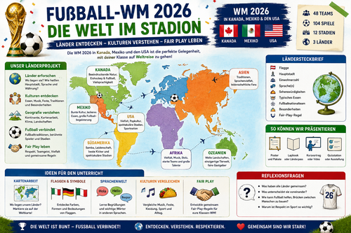 Infografik zur Fußball-WM 2026 als Länderprojekt mit Weltkarte, Ländersteckbriefen, Kulturen, Geografie, Fair Play und Präsentationen im Unterricht.
