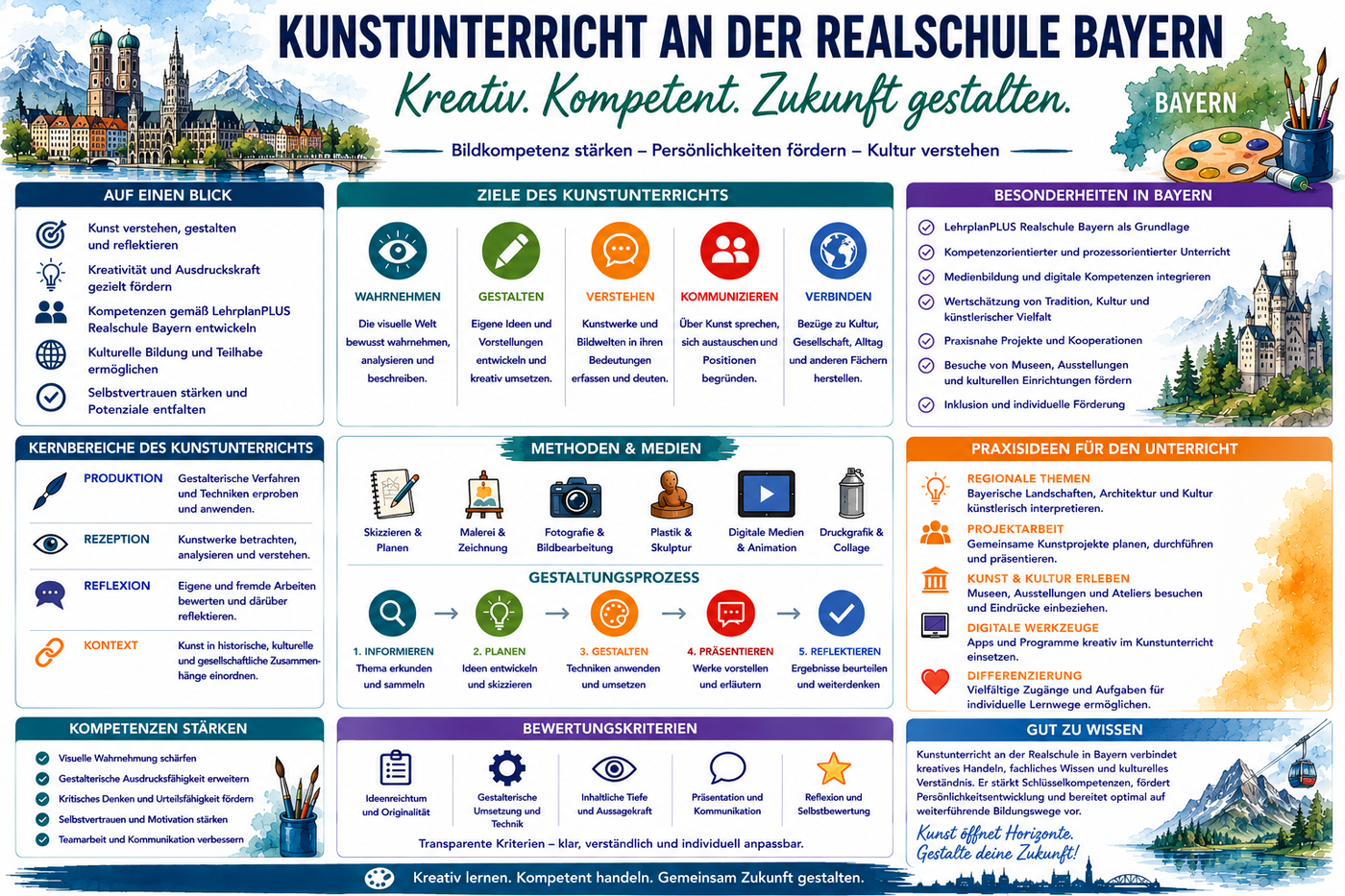 Kunstunterricht Realschule Bayern Infografik mit Praxisideen kreativen Aufgaben und Unterrichtsmaterial für Kunst