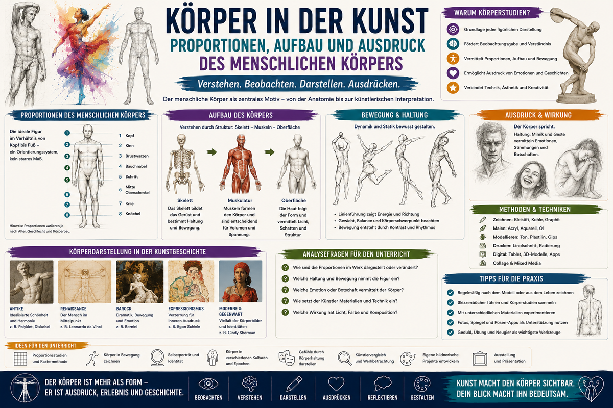 Körper in der Kunst Infografik zu Proportionen Aufbau Ausdruck Körperzeichnung Figurenstudien und Unterrichtsmaterial