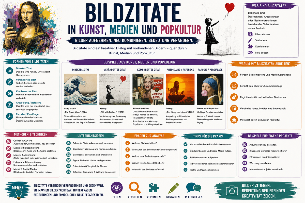 Bildzitate in Kunst Medien und Popkultur Infografik zu Bildanalyse Bildzitaten kreativer Gestaltung und Unterrichtsmaterial