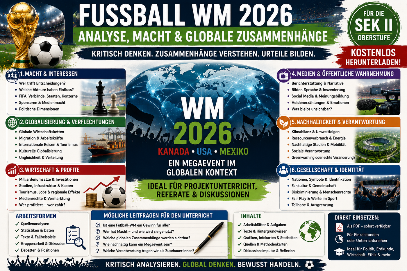 Kostenloses Unterrichtsmaterial zur Fußball WM 2026 für die Sek II mit Analyse von Macht, Globalisierung, Wirtschaft, Medien, Nachhaltigkeit und globalen Zusammenhängen.