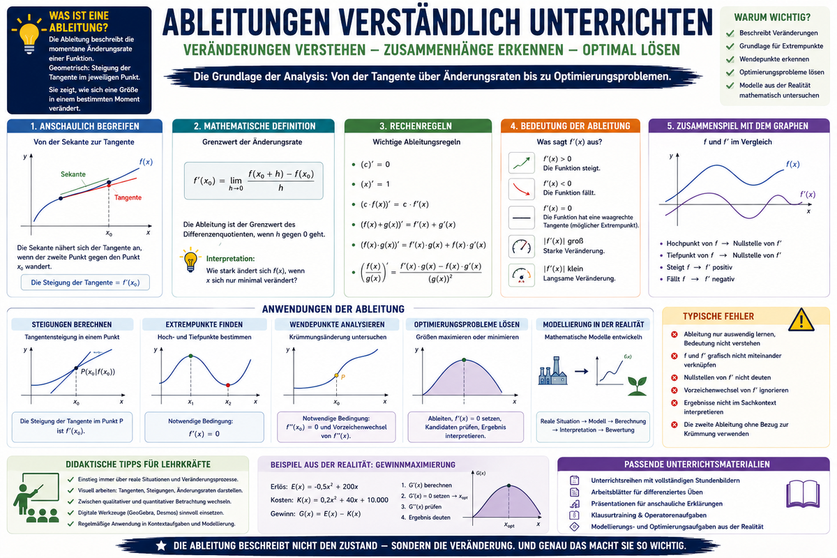 Infografik zu Ableitungen in der Oberstufe mit Tangenten, Änderungsraten, Steigungen, Extrempunkten, Graphen und Unterrichtsideen für Mathematik.