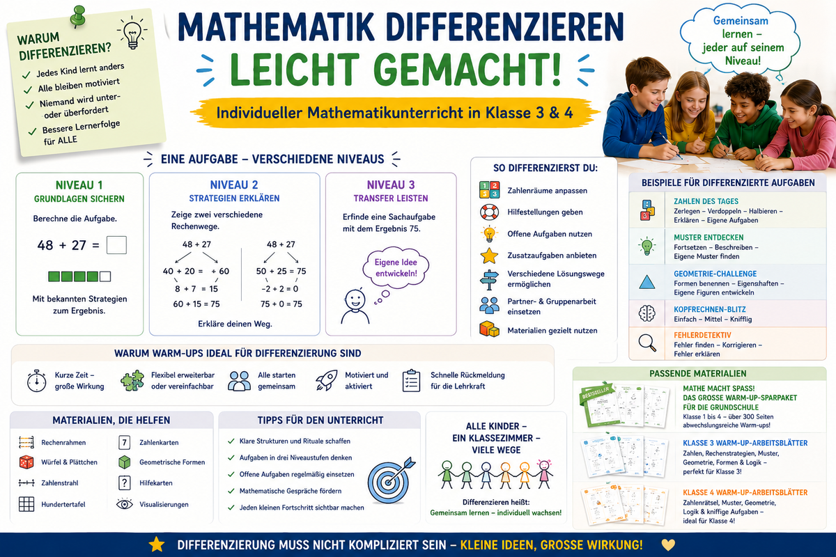 Infografik zur Differenzierung im Mathematikunterricht der Grundschule mit Warm-ups, offenen Aufgaben, verschiedenen Lernniveaus, Partnerarbeit, Zahlenrätseln und individueller Förderung.