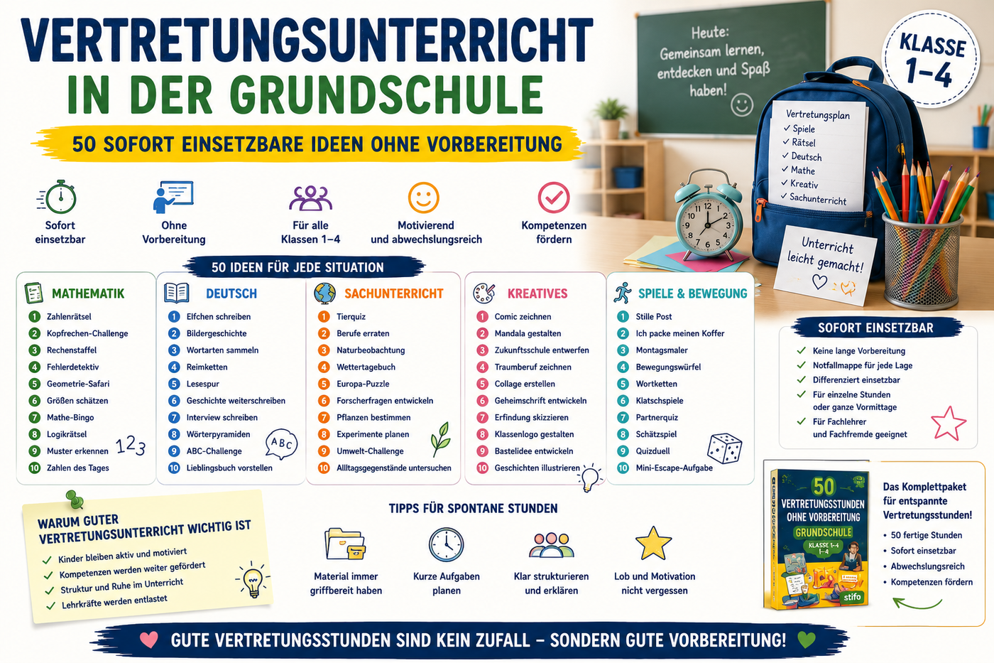 Infografik zum Vertretungsunterricht in der Grundschule mit Unterrichtsideen, Spielen, Mathematik, Deutsch, Sachunterricht, kreativen Aufgaben und sofort einsetzbaren Materialien für Klasse 1 bis 4.