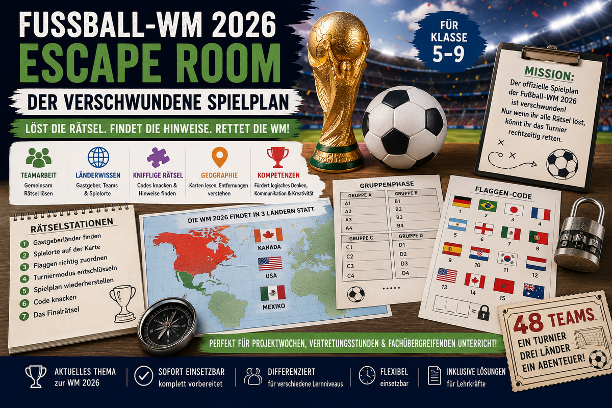 Escape Room zur Fußball-WM 2026 mit Spielplan, Gastgeberländern, Weltkarte, Rätseln, Flaggen, Gruppenphase und Teamarbeit für Klasse 5 bis 9.