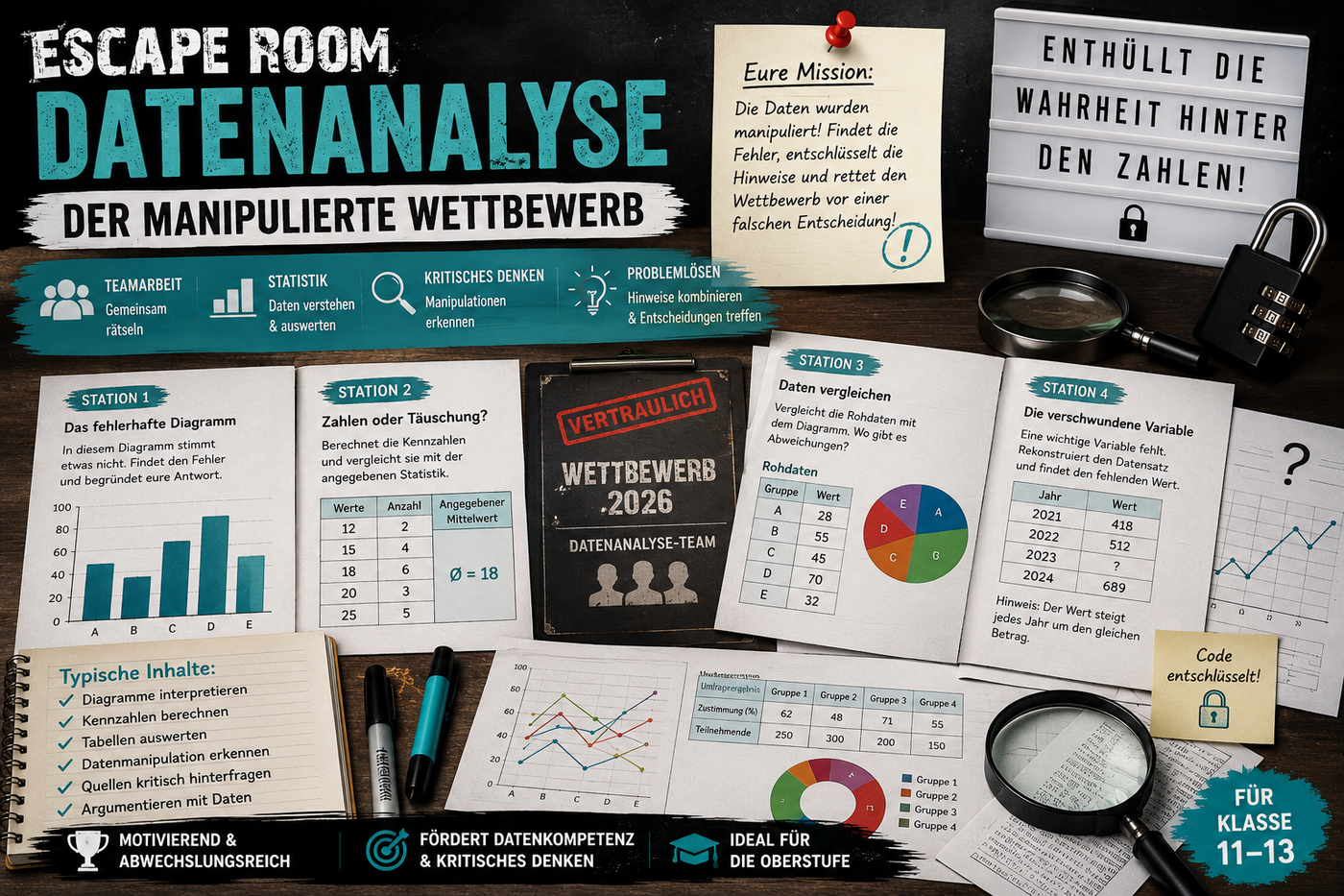 Escape Room zur Datenanalyse in der Oberstufe mit Diagrammen, Statistiken, Tabellen, Manipulation von Daten, Teamarbeit und kritischer Informationsbewertung.