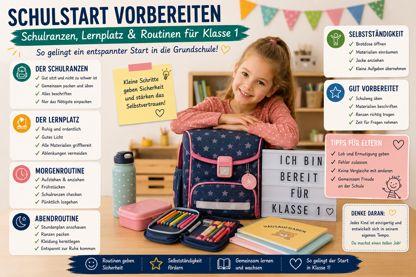 Kind bereitet mit Eltern Schulranzen, Lernplatz und Materialien für die Einschulung in Klasse 1 vor.