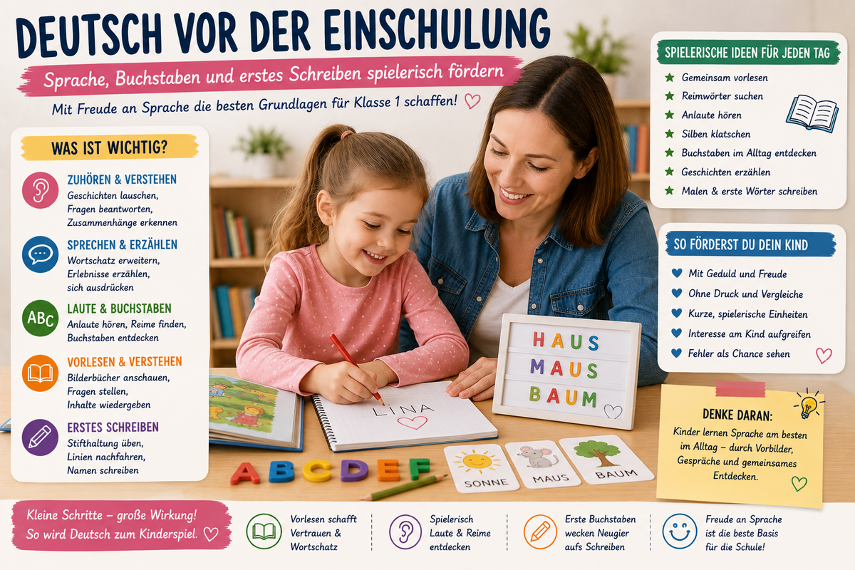Kind entdeckt vor der Einschulung Buchstaben, Laute, Bilderbücher, Reime und erste Schreibübungen gemeinsam mit einem Elternteil.