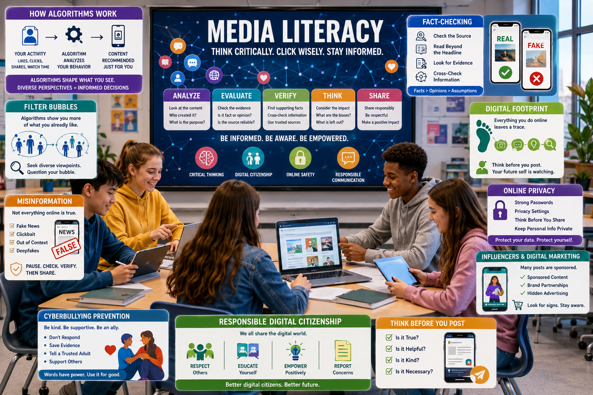 Media literacy high school classroom with social media, digital platforms, misinformation, algorithms, digital citizenship, and critical thinking.