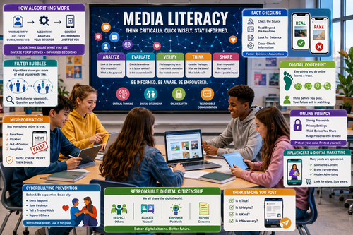 Media literacy high school classroom with social media, digital platforms, misinformation, algorithms, digital citizenship, and critical thinking.