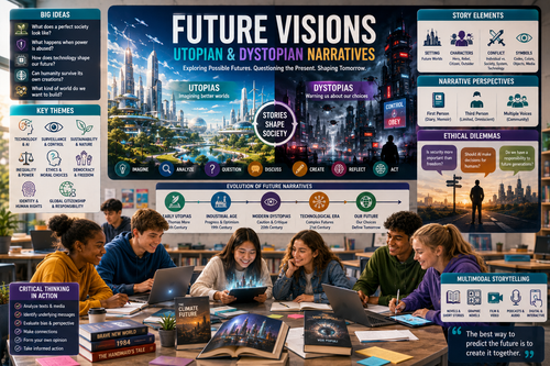 High school students exploring utopian and dystopian literature through futuristic classroom infographics, literary analysis, and critical thinking activities.