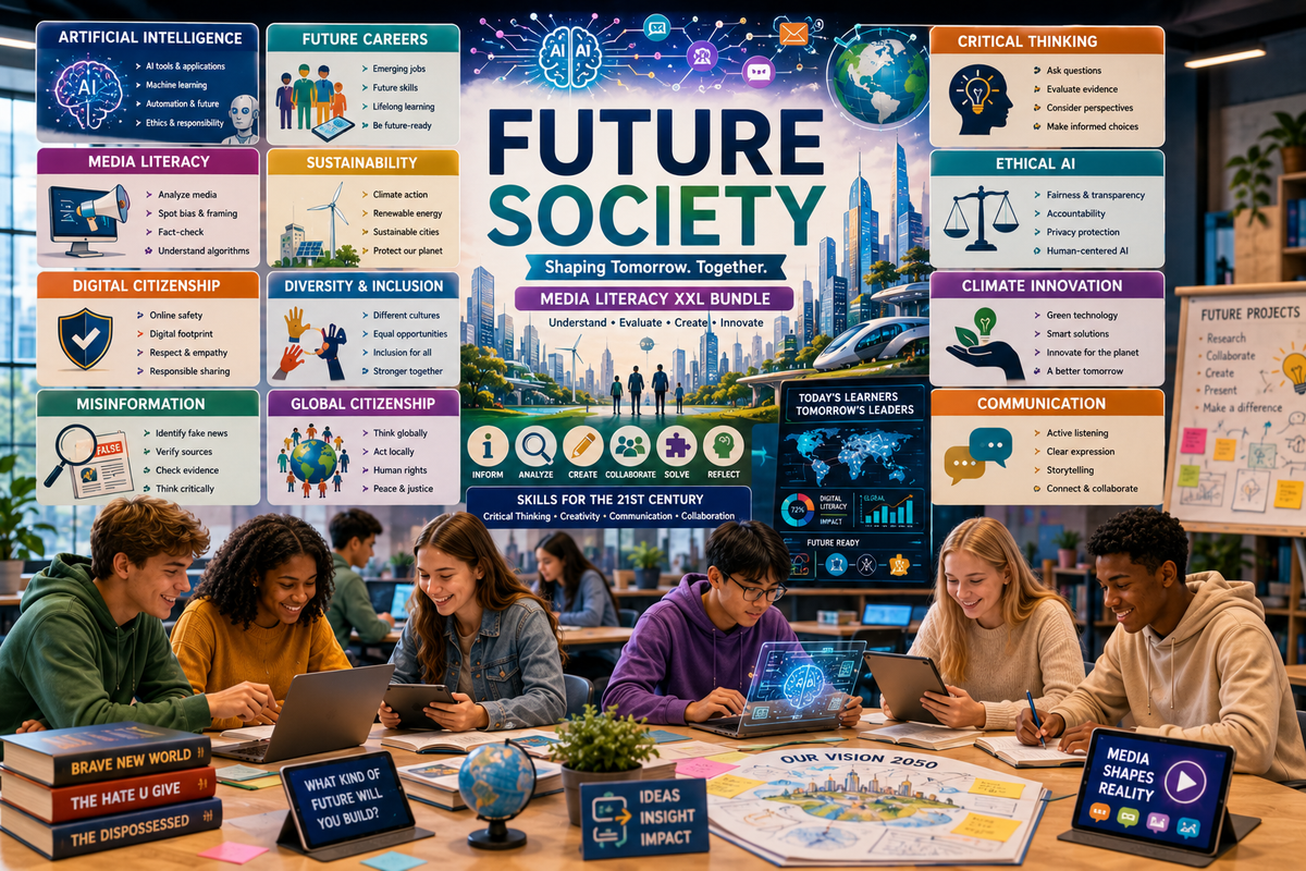 Future Society Media Literacy high school English classroom featuring AI, digital citizenship, sustainability, critical thinking, diversity, future skills, and global education.