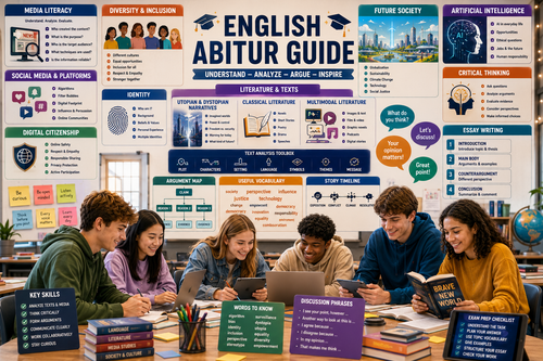 English Abitur study guide featuring media literacy, diversity, future society, artificial intelligence, utopian and dystopian narratives, multimodal literature, essay writing, discussion skills, and critical thinking for upper secondary students.