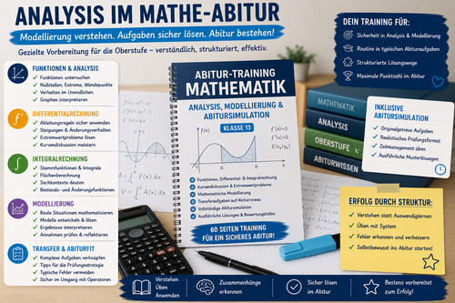 Mathematik-Abiturtraining zur Analysis mit Funktionen, Ableitungen, Integralen, Kurvendiskussion, Modellierung, Extremwertproblemen und Abitursimulation.