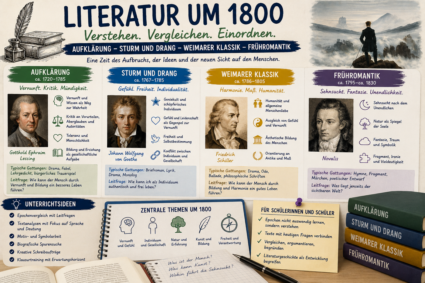 Unterrichtsmaterial zu Literatur um 1800 mit Aufklärung, Sturm und Drang, Weimarer Klassik, Frühromantik, Epochenvergleich, Textanalyse und Abiturvorbereitung.