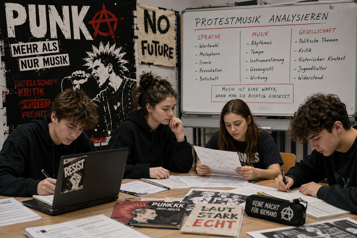 Schülerinnen und Schüler analysieren Protestmusik, Sprache und gesellschaftliche Entwicklungen im Musikunterricht der Oberstufe.