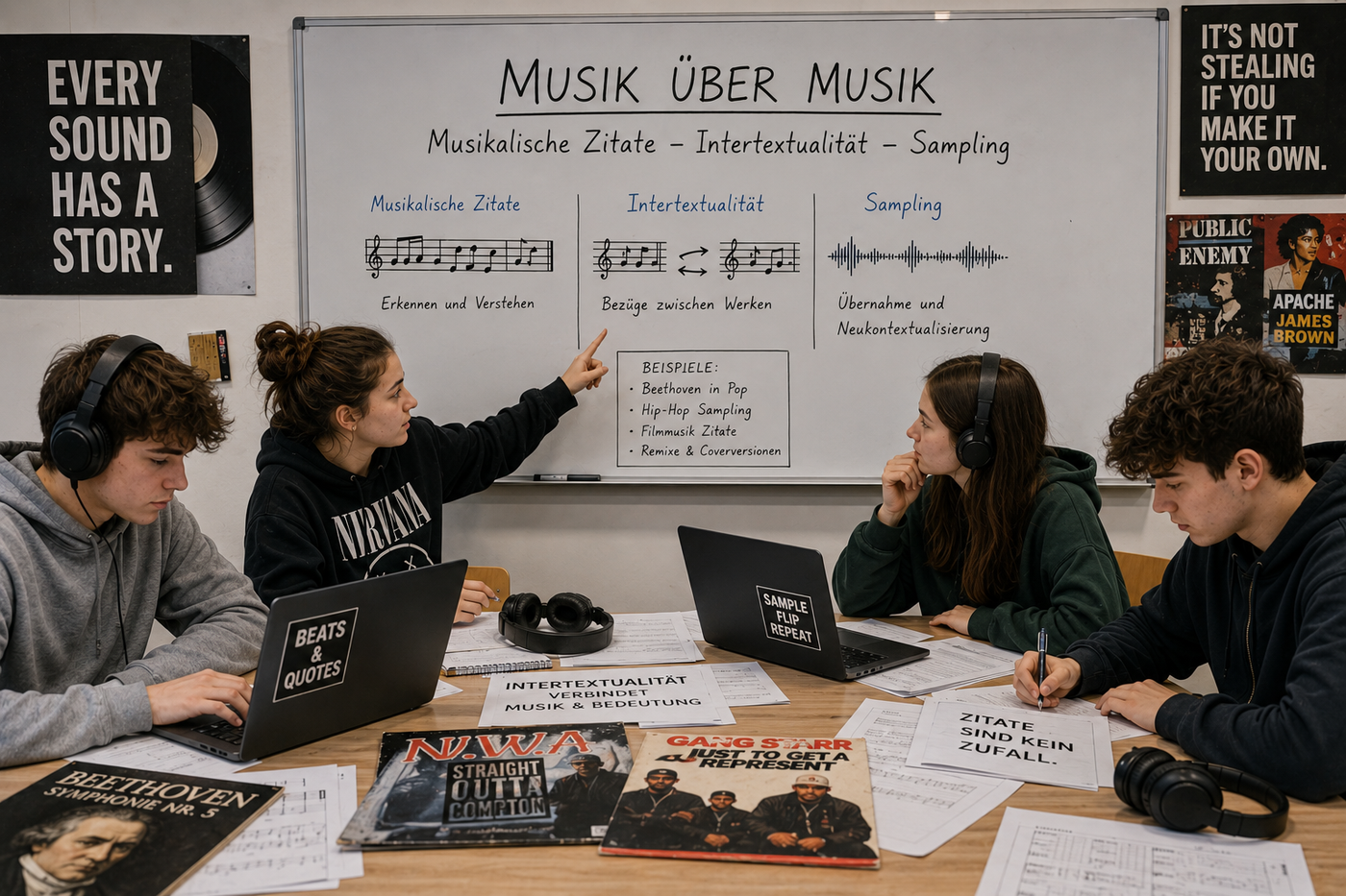 Schülerinnen und Schüler analysieren musikalische Zitate, Intertextualität und Sampling im Musikunterricht der Oberstufe.