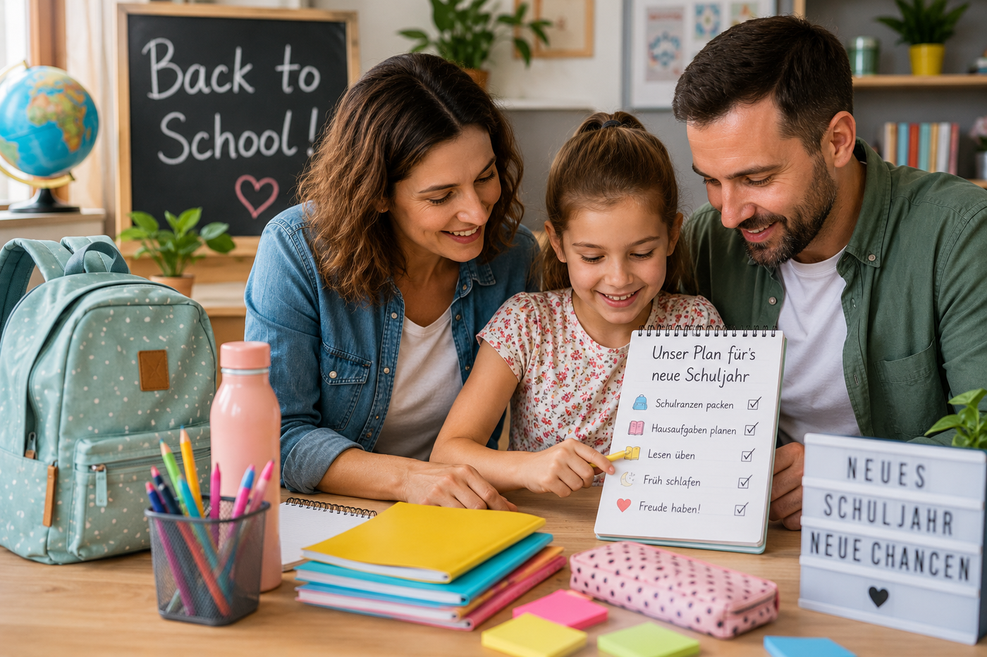 Grundschulkind bereitet gemeinsam mit den Eltern motiviert den Schulstart vor und organisiert Lernmaterialien für das neue Schuljahr.
