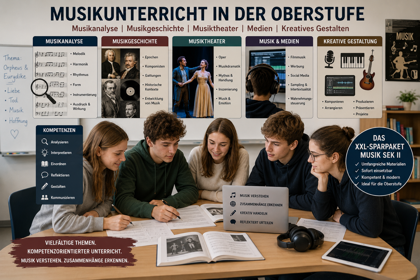 Schülerinnen und Schüler der Oberstufe analysieren Musikwerke, Musikgeschichte, Musiktheater und Medienwirkungen im modernen Musikunterricht.