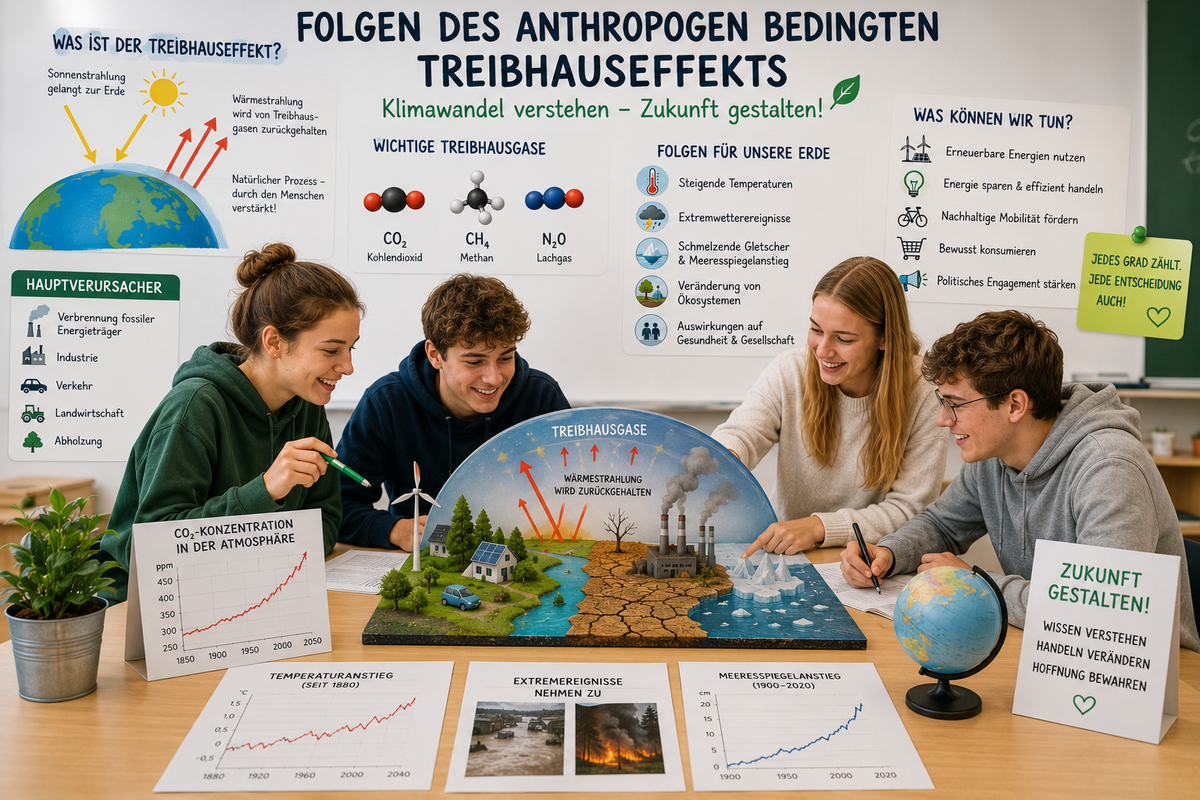 Schülerinnen und Schüler analysieren Klimadaten, Treibhausgase und die Folgen des anthropogenen Treibhauseffekts im naturwissenschaftlichen Unterricht der Oberstufe.