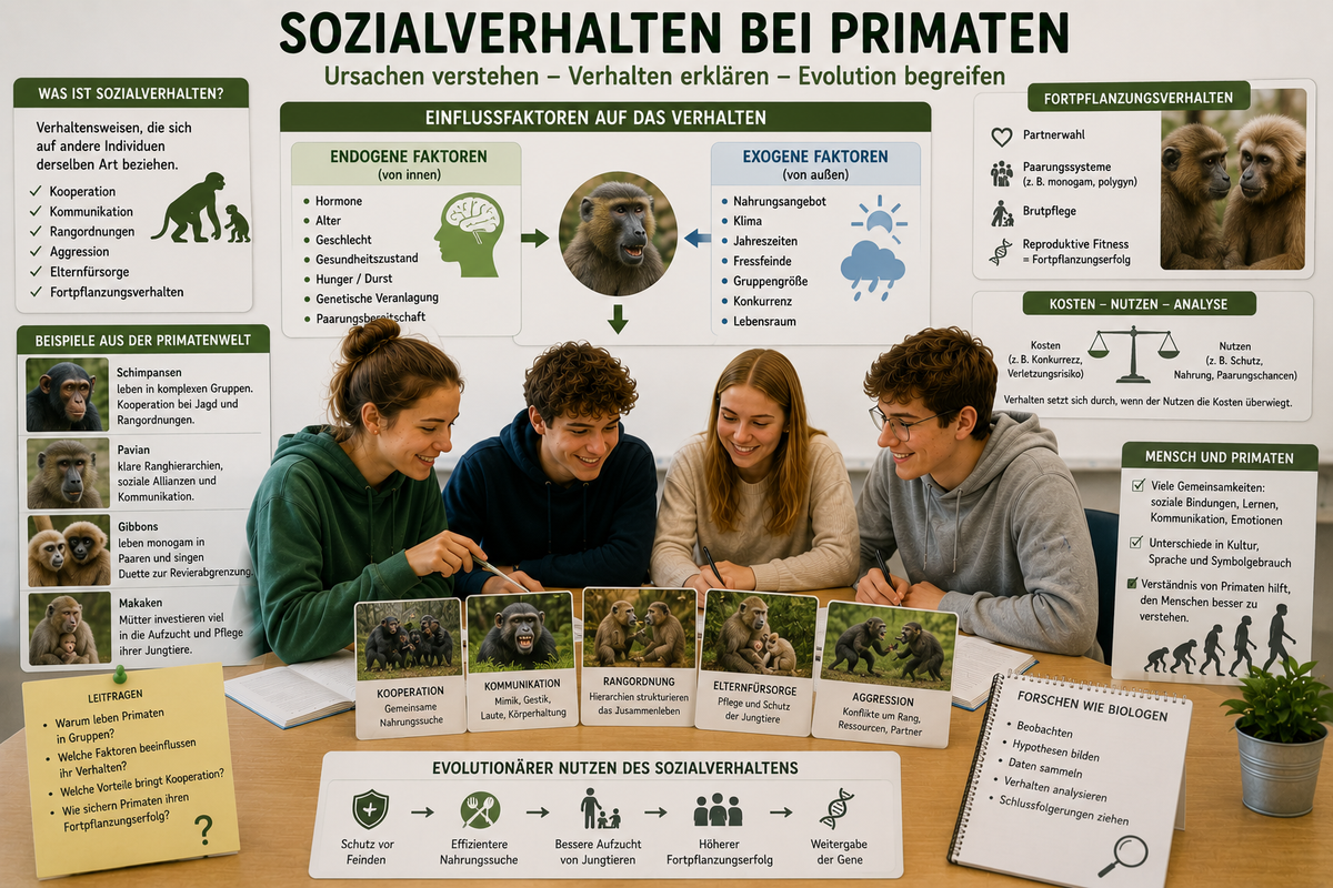 Schülerinnen und Schüler analysieren Sozialverhalten, exogene und endogene Ursachen, Kooperation sowie Fortpflanzungsverhalten bei Primaten im Biologieunterricht der Oberstufe.