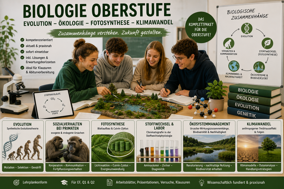 Schülerinnen und Schüler der Oberstufe bearbeiten gemeinsam zentrale Themen der Biologie wie Evolution, Fotosynthese, Stoffwechsel, Ökosystemmanagement, Biodiversität und Klimawandel anhand praxisnaher Unterrichtsmaterialien.