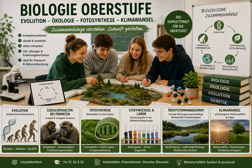 Schülerinnen und Schüler der Oberstufe bearbeiten gemeinsam zentrale Themen der Biologie wie Evolution, Fotosynthese, Stoffwechsel, Ökosystemmanagement, Biodiversität und Klimawandel anhand praxisnaher Unterrichtsmaterialien.