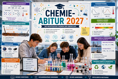 Chemie Abitur 2027 Vorbereitung – wichtigste Themen der Oberstufe mit Le-Chatelier-Prinzip, Korrosion, Nanochemie, Elektrochemie und Thermodynamik.