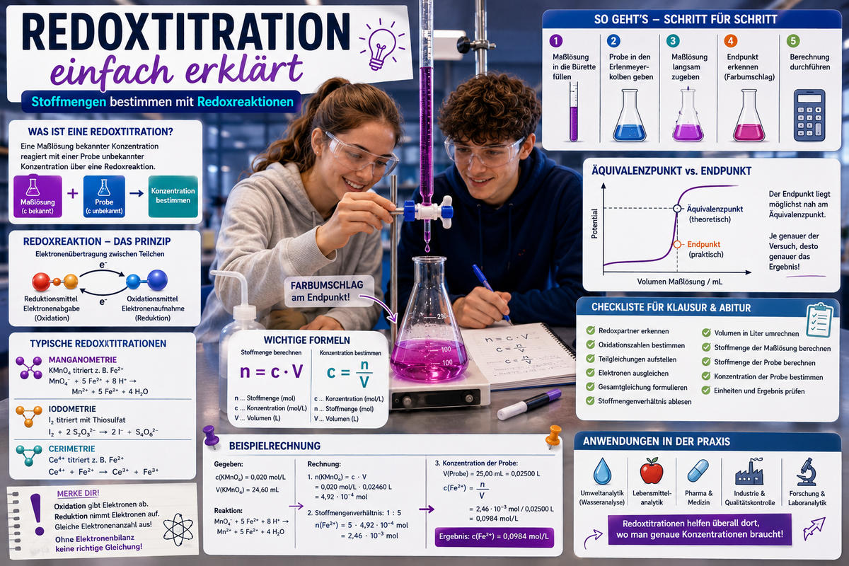 Redoxtitration einfach erklärt für Schüler – Redoxreaktionen, Äquivalenzpunkt, Stoffmenge berechnen und Chemie-Abitur Vorbereitung.