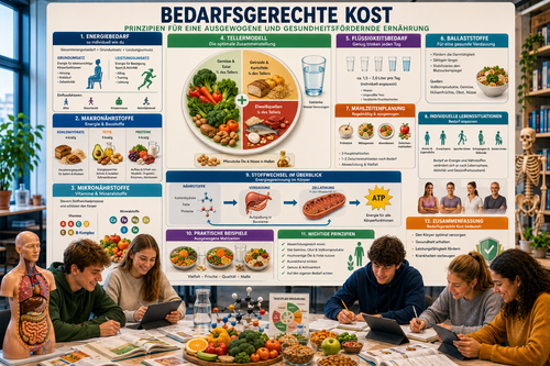 Bedarfsgerechte Kost Unterricht Sek II – Energiebedarf, Nährstoffbedarf, Makronährstoffe, Mikronährstoffe und Ernährungslehre verständlich erklärt.