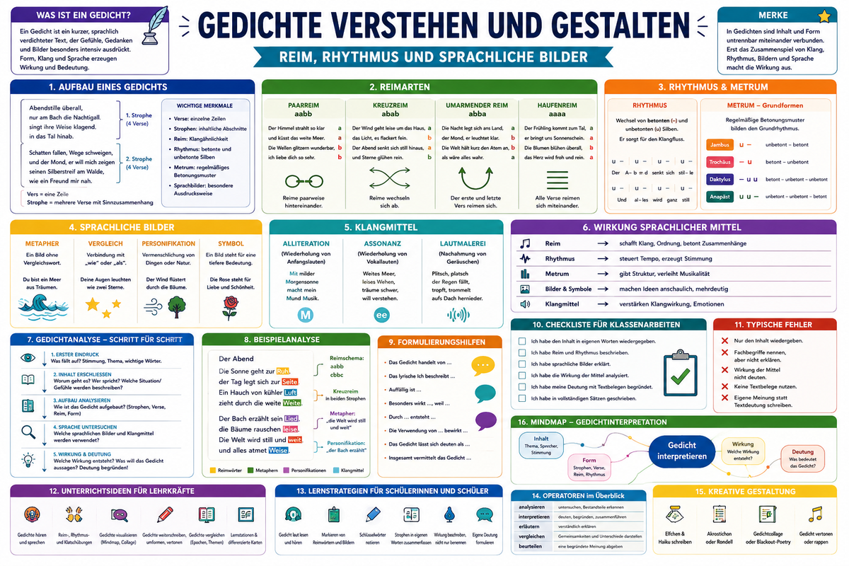 Gedichte verstehen Unterricht Sek I – Reim, Rhythmus, Metrum, sprachliche Bilder, Gedichtanalyse, Formulierungshilfen und Unterrichtstipps als Infografik.