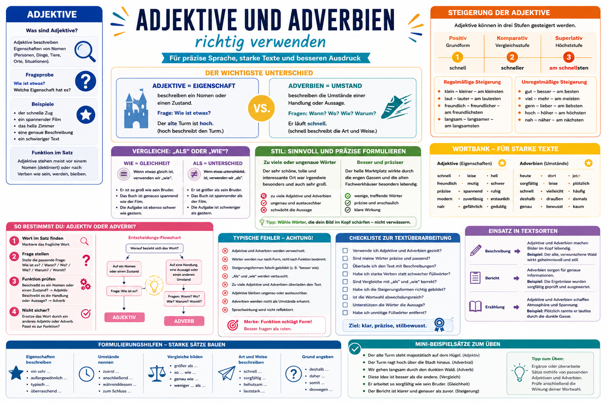 Adjektive und Adverbien im Deutschunterricht: Infografik mit Unterschied zwischen Adjektiv und Adverb, Steigerung, Vergleich mit als und wie, Stil-Tipps und Beispielen für Klasse 5 bis 9.
