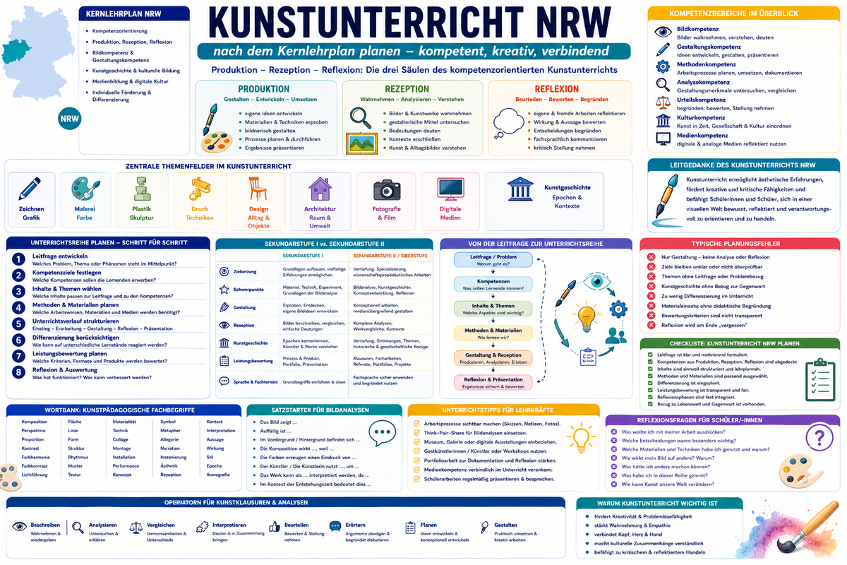 Kunstunterricht nach dem Kernlehrplan NRW planen: Infografik zu Produktion, Rezeption, Reflexion, Bildanalyse, Gestaltungskompetenz, Kunstgeschichte, Sekundarstufe I, Sekundarstufe II und Unterrichtsideen für Kunstlehrkräfte.