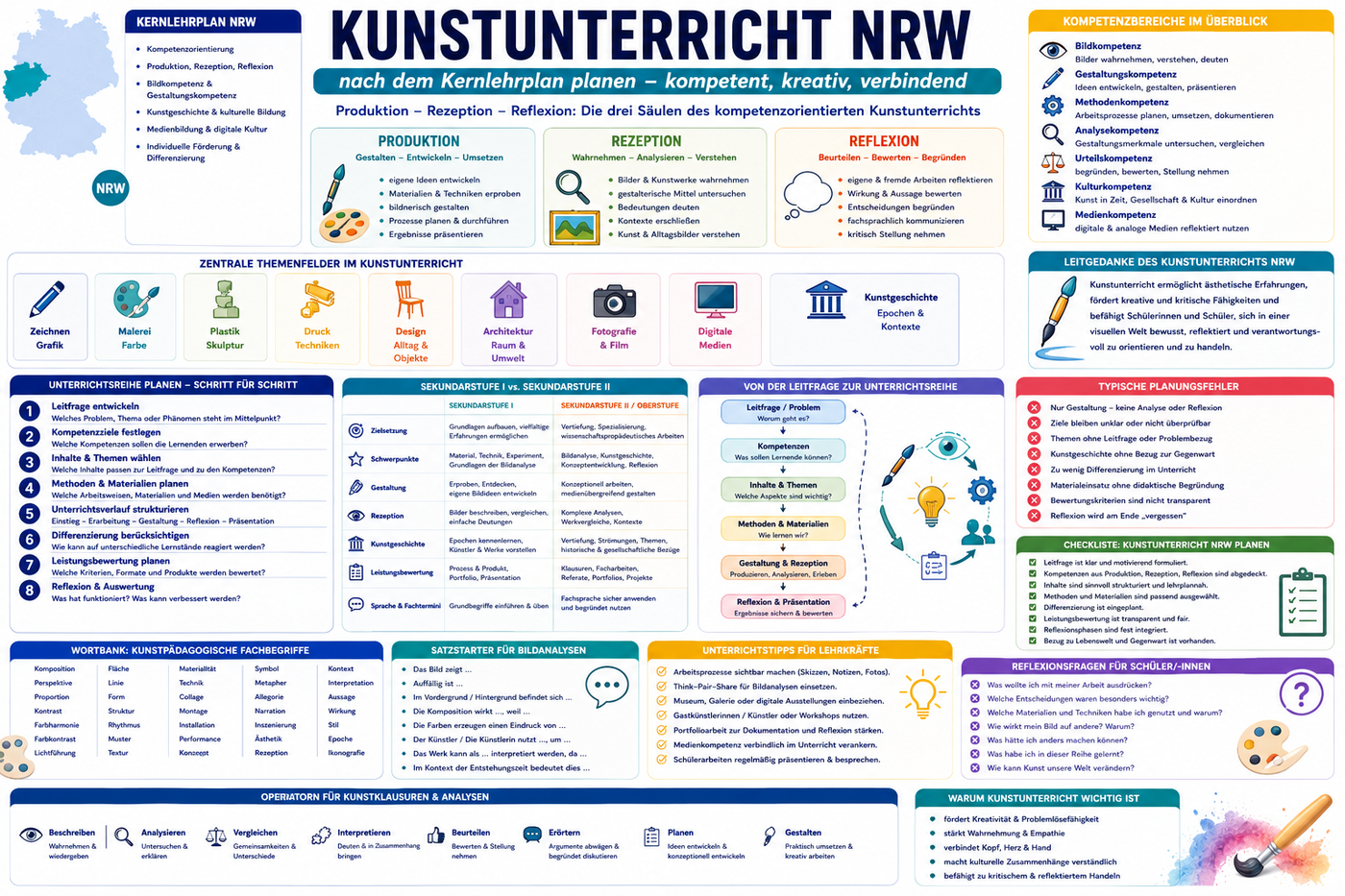 Kunstunterricht nach dem Kernlehrplan NRW planen: Infografik zu Produktion, Rezeption, Reflexion, Bildanalyse, Gestaltungskompetenz, Kunstgeschichte, Sekundarstufe I, Sekundarstufe II und Unterrichtsideen für Kunstlehrkräfte.