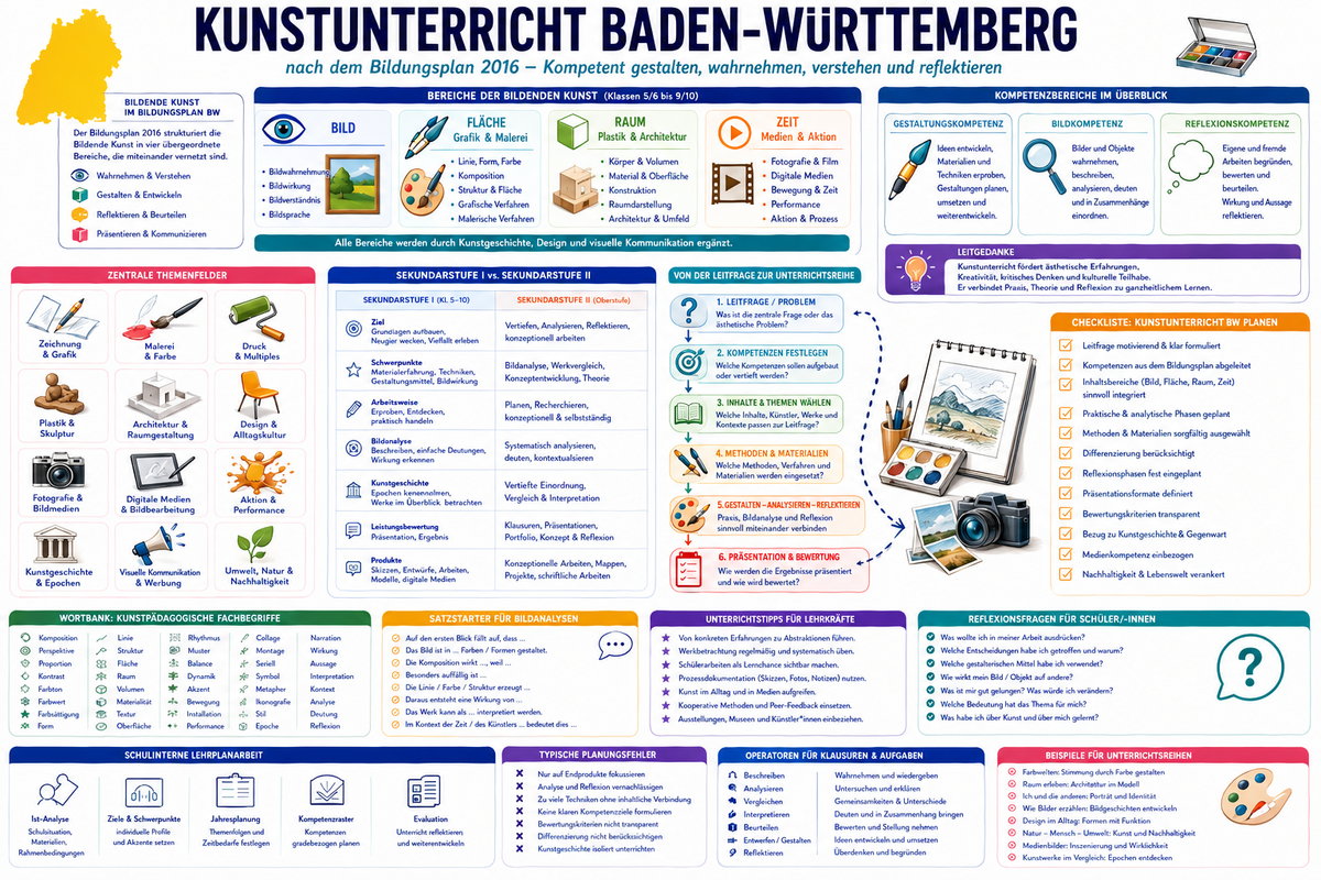 Kunstunterricht nach dem Bildungsplan Baden-Württemberg planen: Infografik zu Bildender Kunst, Bild, Fläche, Grafik, Malerei, Raum, Plastik, Architektur, Medien, Aktion, Bildanalyse, Gestaltungskompetenz und Unterrichtsideen für Sek I und Sek II.