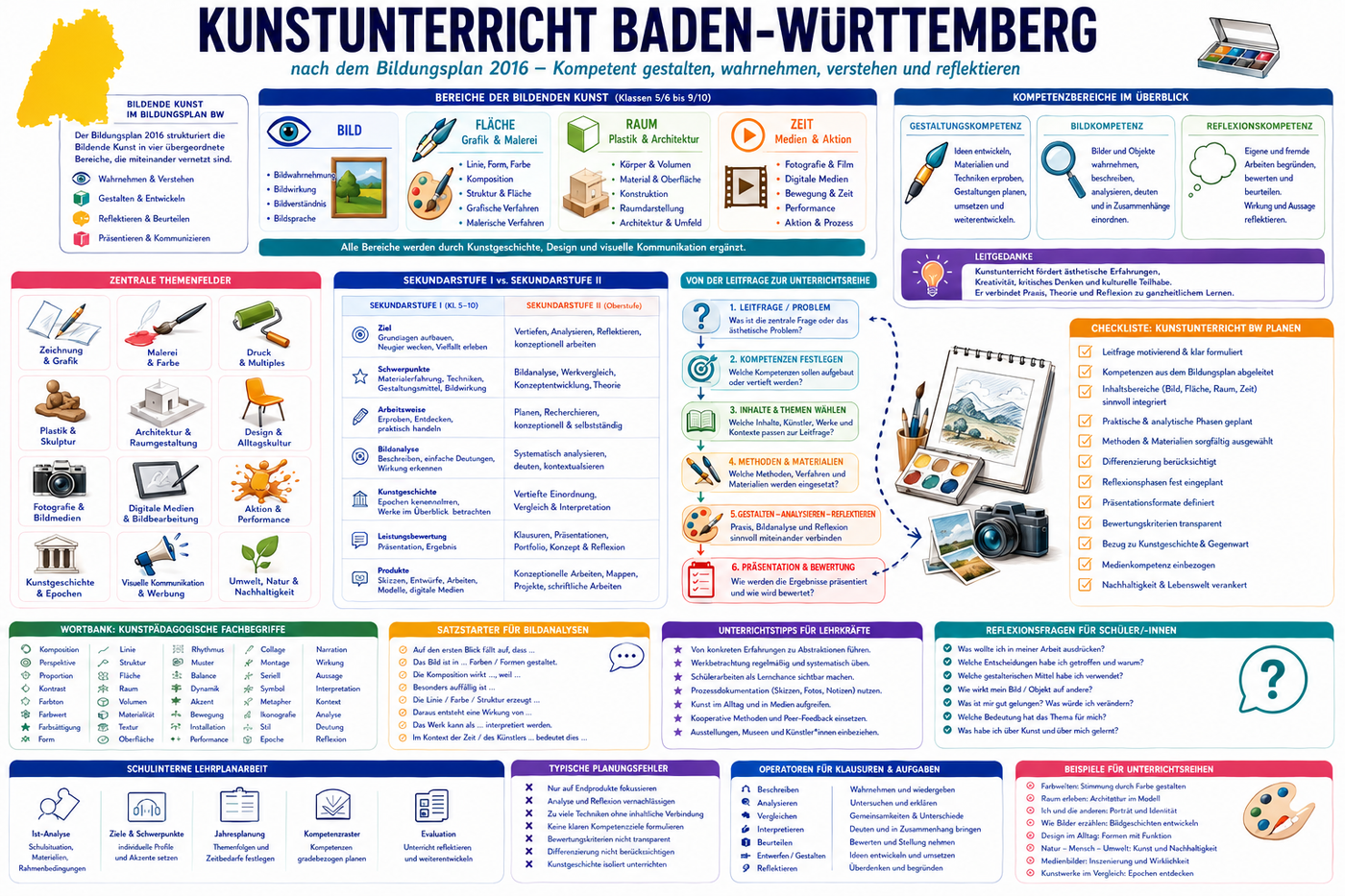 Kunstunterricht nach dem Bildungsplan Baden-Württemberg planen: Infografik zu Bildender Kunst, Bild, Fläche, Grafik, Malerei, Raum, Plastik, Architektur, Medien, Aktion, Bildanalyse, Gestaltungskompetenz und Unterrichtsideen für Sek I und Sek II.