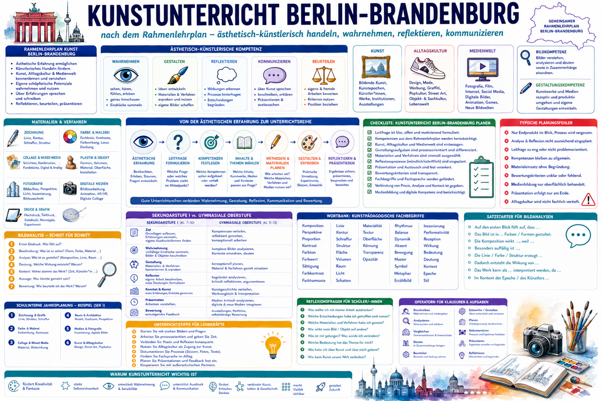 Infografik zu Kunstunterricht in Berlin-Brandenburg mit ästhetischer Kompetenz, Gestaltung, Reflexion und Medienwelt.