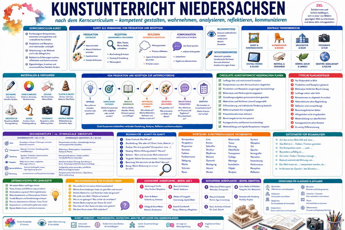 Infografik zu Kunstunterricht in Niedersachsen mit Produktion, Rezeption, Bildanalyse, Gestaltung und Oberstufe.