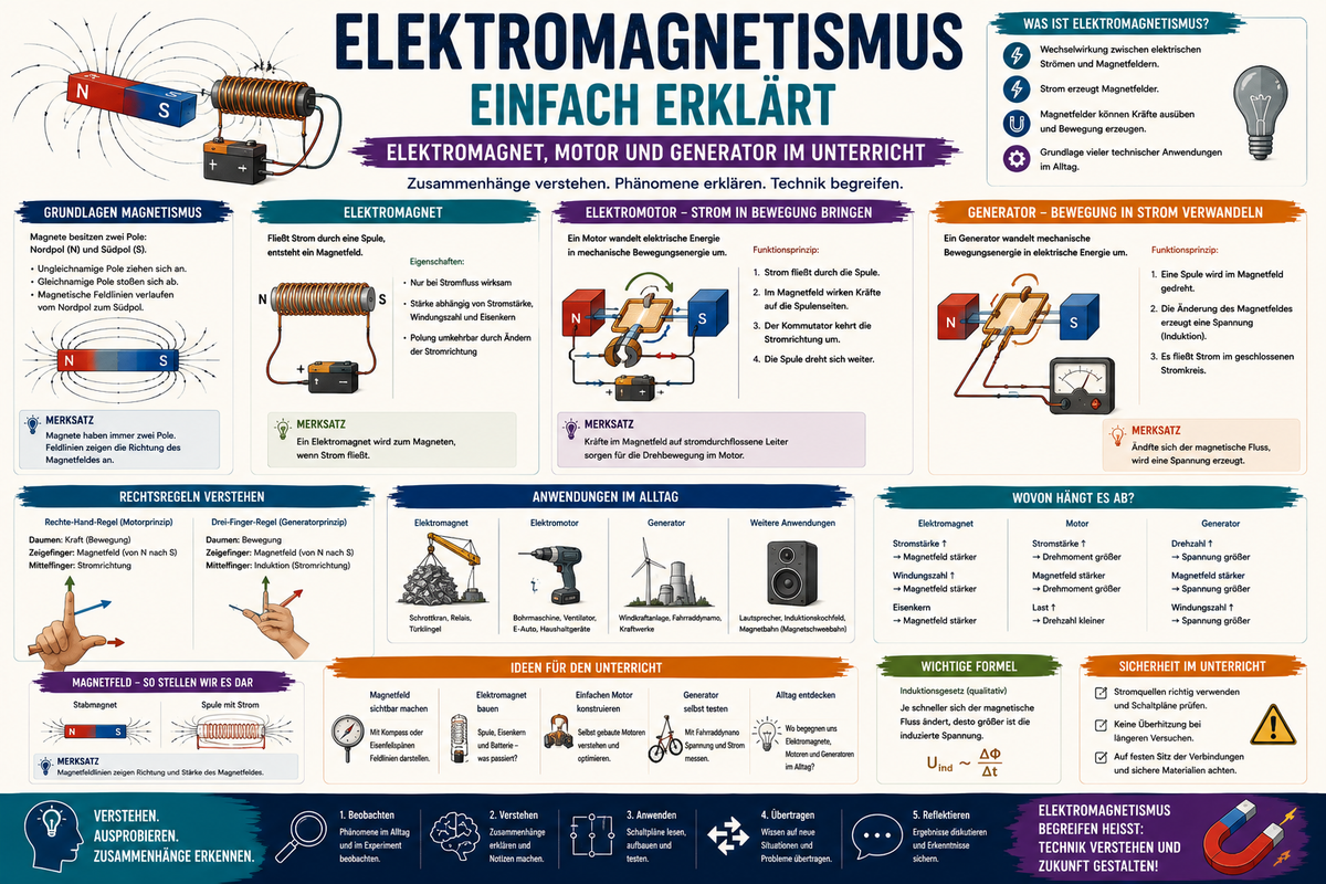 Elektromagnetismus Infografik zu Elektromagnet Motor Generator Magnetfeldern Physikunterricht und Unterrichtsmaterial