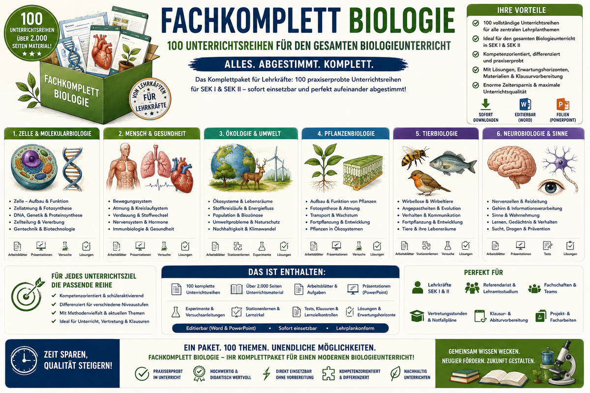 Fachkomplett Biologie Infografik zu 100 Unterrichtsreihen für Biologie Sek I und Sek II mit Arbeitsblättern Experimenten Präsentationen und Unterrichtsmaterial