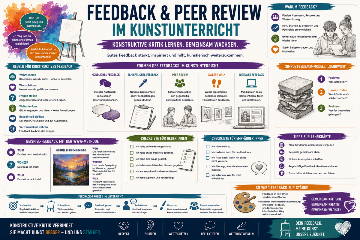 Feedback und Peer Review im Kunstunterricht Infografik zu konstruktiver Kritik Reflexion Bildbesprechung und Unterrichtsmaterial