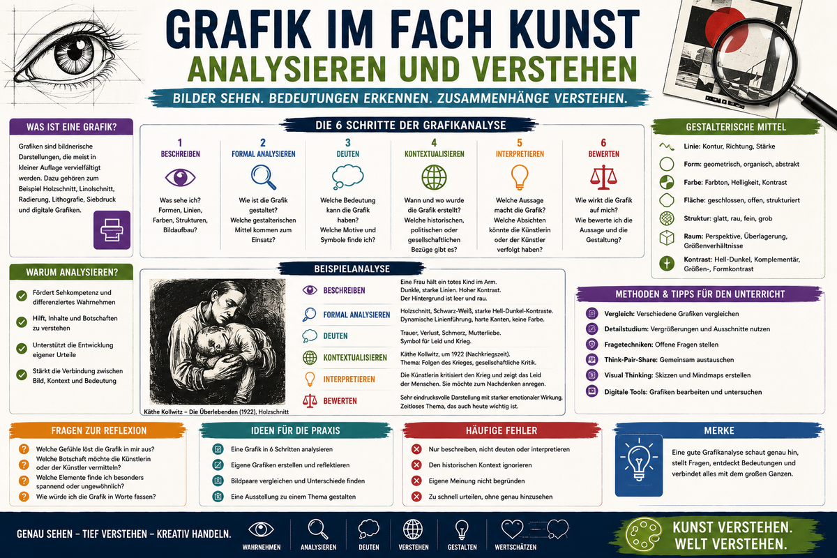 Grafik im Fach Kunst analysieren und verstehen Infografik für Kunstunterricht mit Bildanalyse Gestaltungsmitteln Interpretation und Unterrichtsmaterial