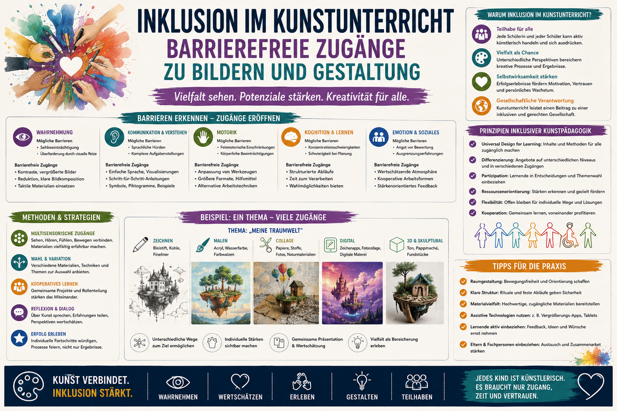 Inklusion im Kunstunterricht Infografik zu barrierefreien Zugängen kreativer Gestaltung differenziertem Unterricht und Unterrichtsmaterial