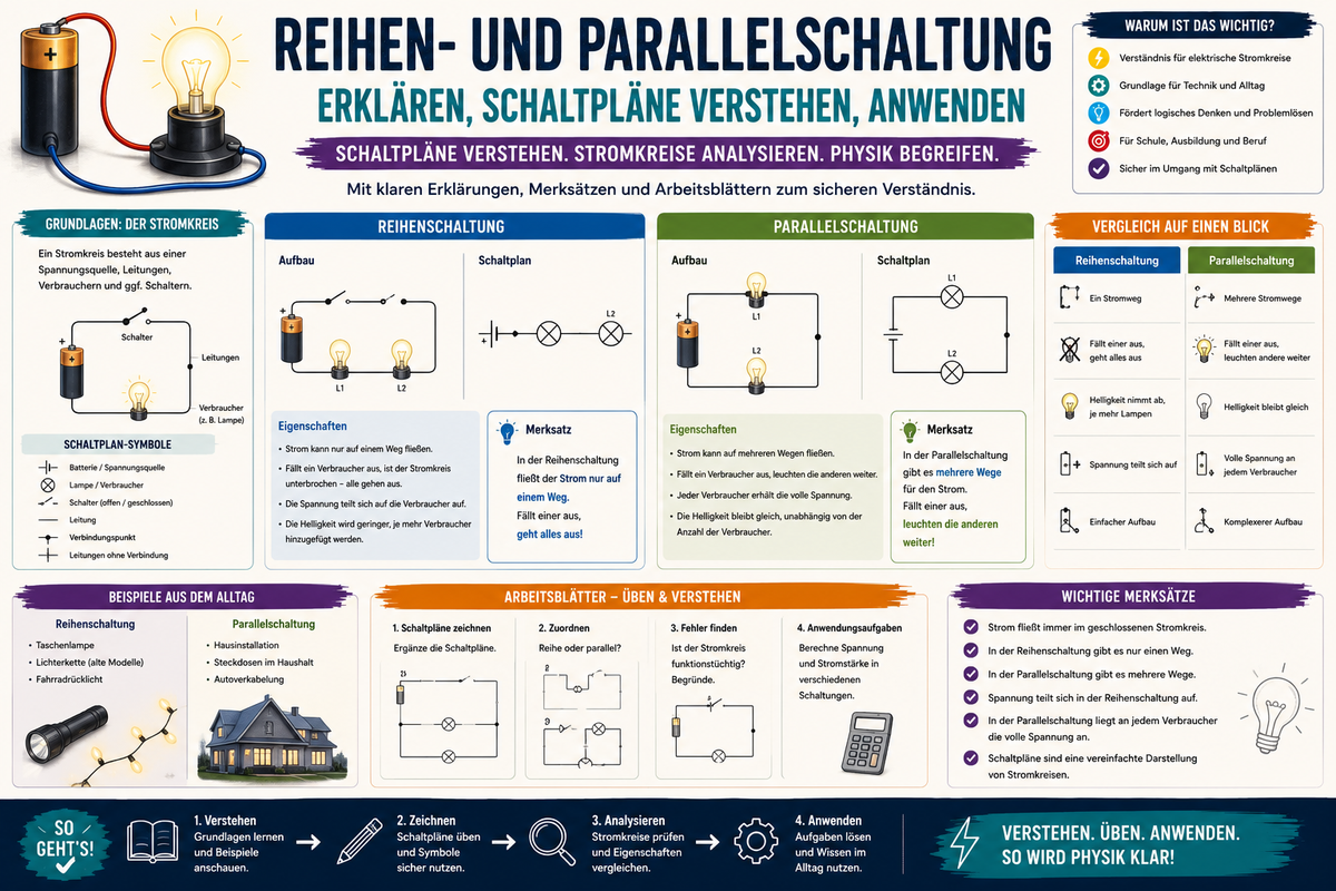 Reihen und Parallelschaltung Infografik zu Stromkreisen Schaltplänen Merksätzen Physikunterricht und Unterrichtsmaterial