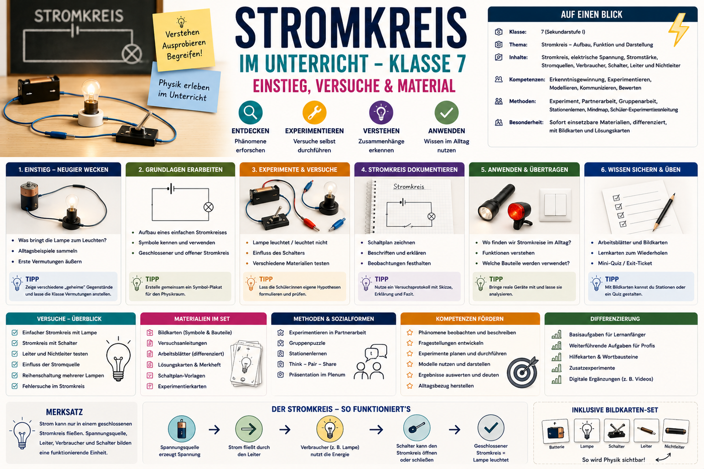 Stromkreis Unterricht Klasse 7 mit Experimenten Versuchen Schaltplänen Bildkarten und Unterrichtsmaterial
