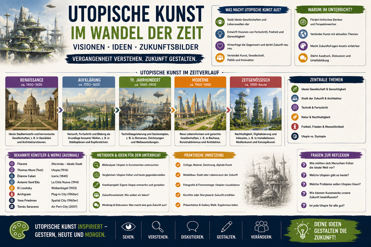 Utopische Kunst im Wandel der Zeit Infografik für Kunstunterricht mit Epochen Zukunftsbildern Künstlern Unterrichtsideen und Unterrichtsmaterial