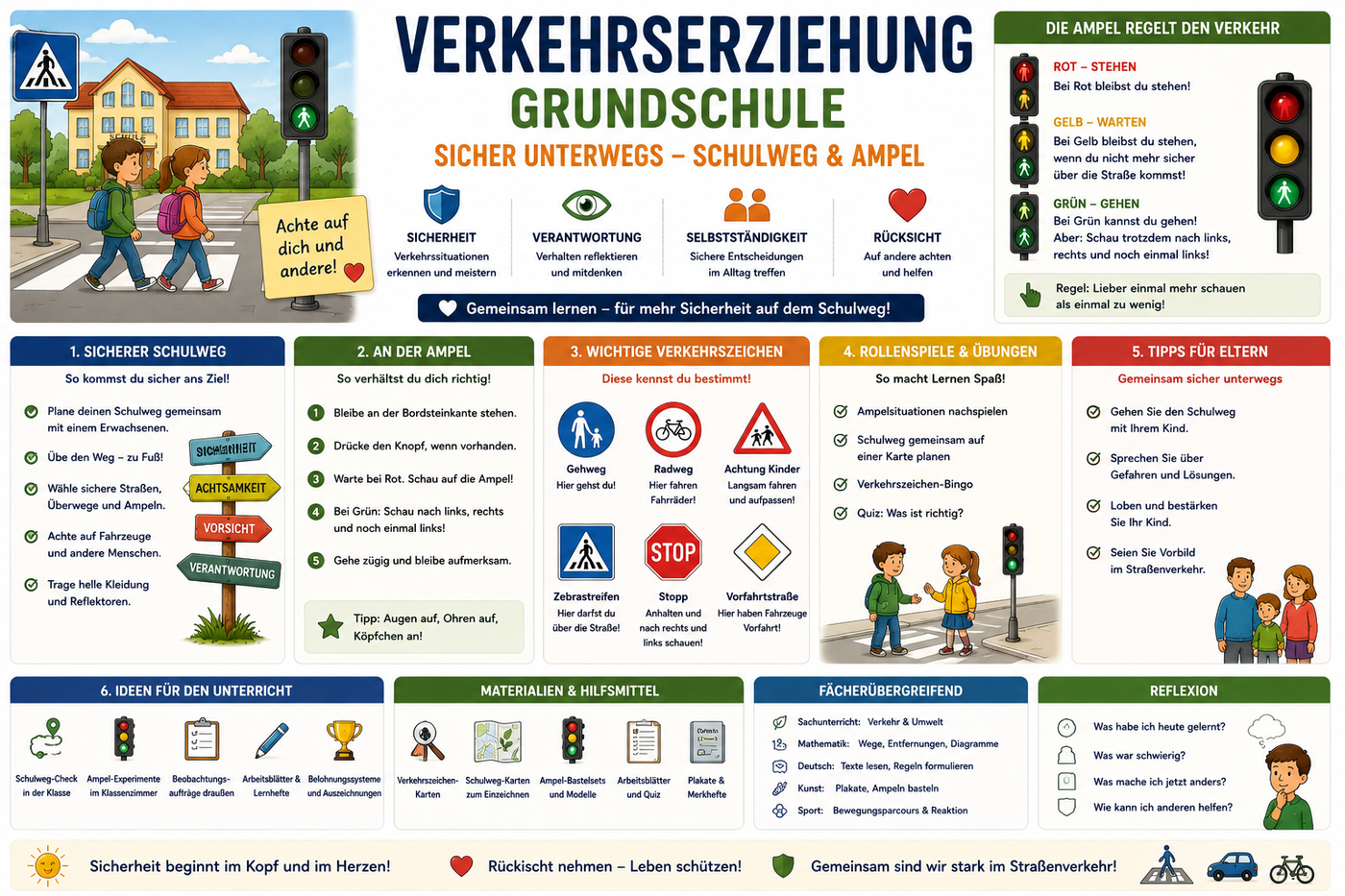 Verkehrserziehung in der Grundschule praxisnah gestalten. Entdecke Unterrichtsmaterial zum sicheren Schulweg Ampeltraining Verkehrsregeln Rollenspielen und alltagsnahen Übungen für den Sachunterricht.