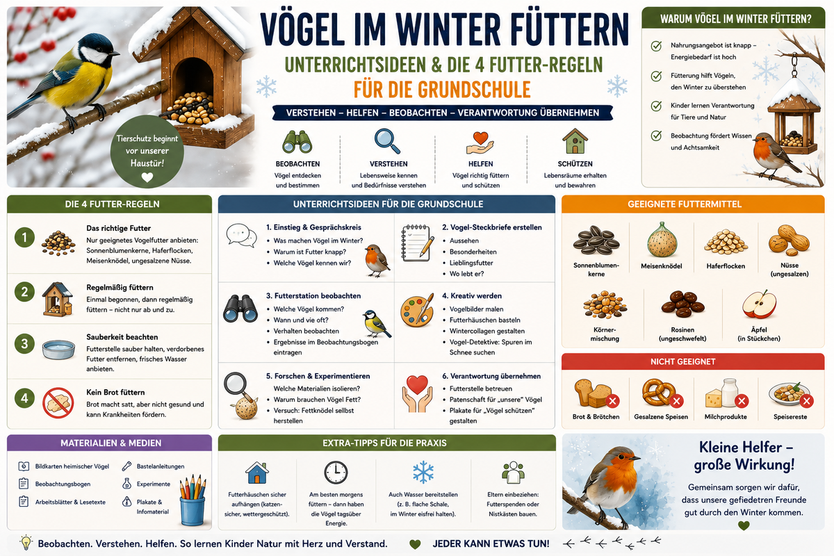 Vögel im Winter füttern Grundschule mit Futterregeln Wintervögeln Beobachtungsaufgaben Unterrichtsideen und Unterrichtsmaterial